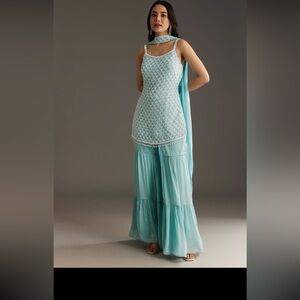 Sky Blue Chinon Sharara Suit Set With Choker Style Dupatta